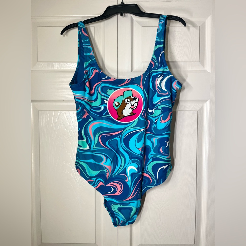 Buc-ee’s Beaver Women’s One Piece Swimsuit Blue Swirl Bucees Bathing Suit